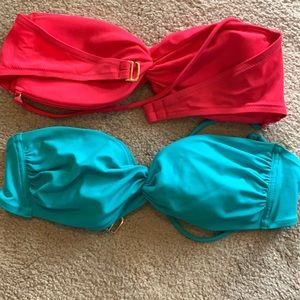 Two bandeau bikini tops and bottom